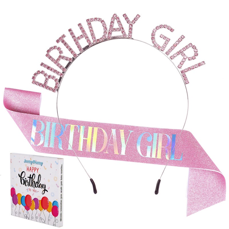 JunyRuny Birthday Girl Glitter Sash Tiara Set Pink Costume Headwear for Women Birthday Party Decorations Happy Birthday Gifts for Her