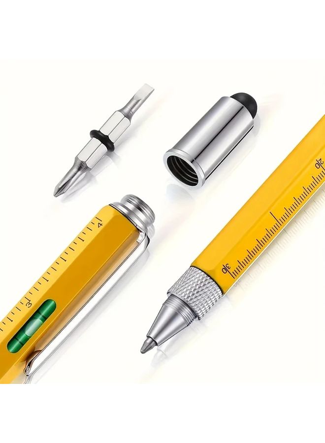 Yellow 6 In 1 Multifunctional Tool Pen With Ballpoint Pen Ruler Stylus Level Meter And Screwdrivers For DIY Engineering Office Use - Image 4