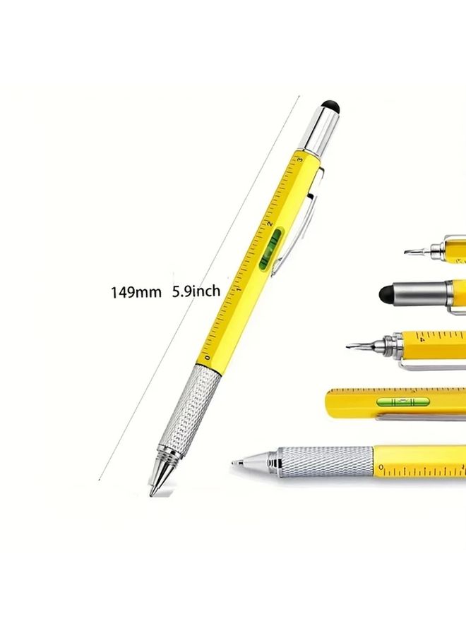 Yellow 6 In 1 Multifunctional Tool Pen With Ballpoint Pen Ruler Stylus Level Meter And Screwdrivers For DIY Engineering Office Use - Image 3