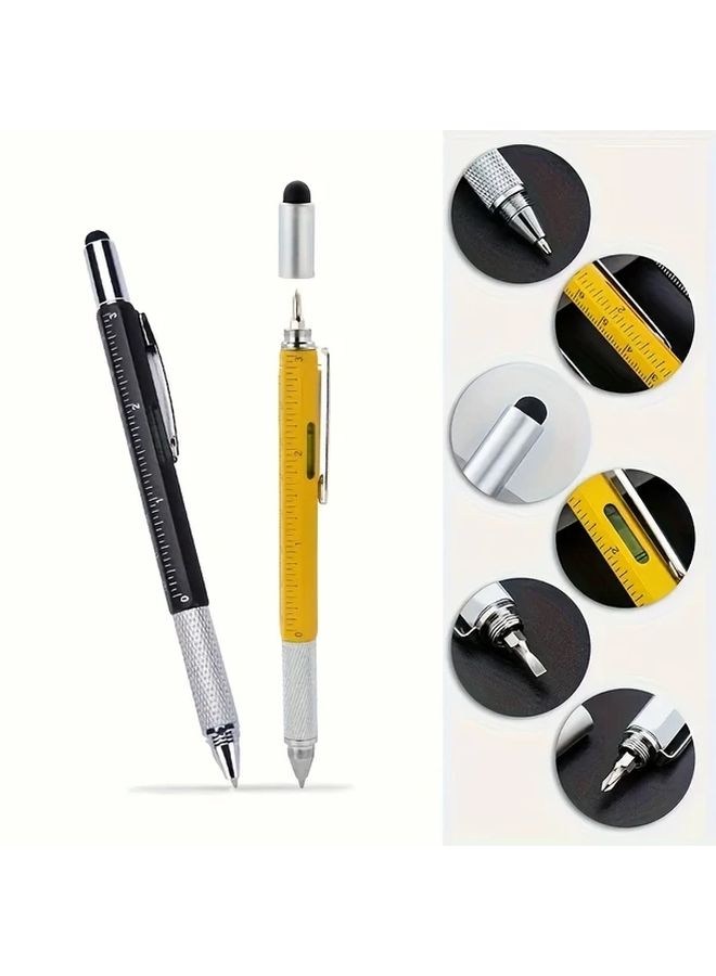 Yellow 6 In 1 Multifunctional Tool Pen With Ballpoint Pen Ruler Stylus Level Meter And Screwdrivers For DIY Engineering Office Use - Image 2