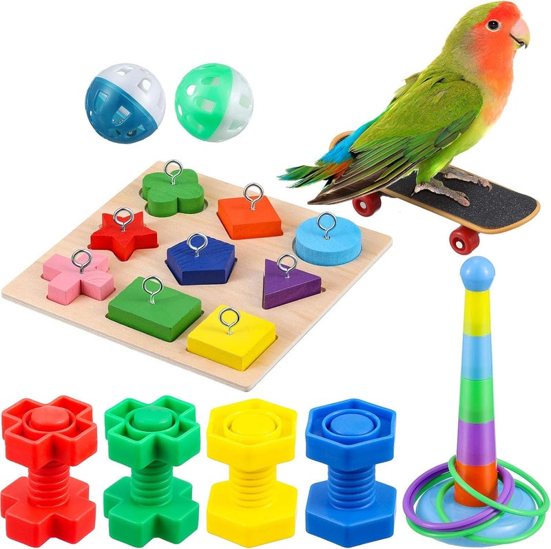 Skylety Chemical free 6 Pieces Bird Training Toys Parrot Intelligence Toy Parrot Wooden Block Puzzles Toy Stacking Rings Toy Mini Parrot Skateboard Nuts and Bolts Bird Toy Bell Balls for Budgie Parakeet Cockatiel Macaw Wide range usage design - Image 1