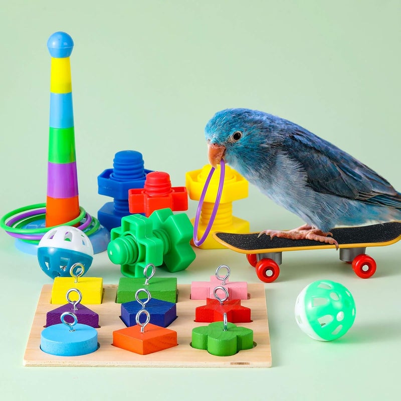 Skylety Chemical free 6 Pieces Bird Training Toys Parrot Intelligence Toy Parrot Wooden Block Puzzles Toy Stacking Rings Toy Mini Parrot Skateboard Nuts and Bolts Bird Toy Bell Balls for Budgie Parakeet Cockatiel Macaw Wide range usage design - Image 5