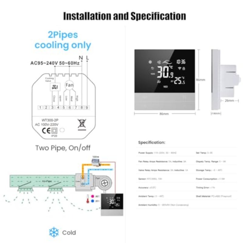 Smart Thermostat Tuya Wifi Thermostat for HVAC Central AC, Smart AC Controller, 2 Pipe, Smart Life App Remote Control, Works with Alexa and Google Home 240V - Image 4