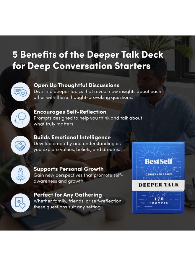 BestSelf Co. Deeper Talk Conversation Cards Game for Couples & Friends - 170 Conversation Starter Cards, Icebreaker Card Game, Deep Questions for Meaningful Conversations, Communication Card Game, Family Game Night, Party Game, Date Night Gift - Image 2