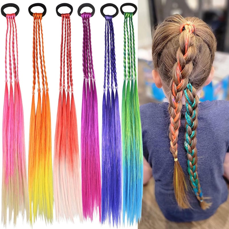 Colored Hair Extensions for KidsBraided Ponytail ExtensionHair Accessories for Girlscolored hair hair braids extensions6pcs Crazy Hair Day Accessories hair tie with hair 6PCS Colorful Braids 