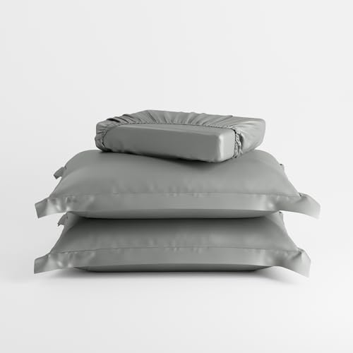 Stoa Paris 300TC UltraSatin Double Bedsheet Set, 10” Drop Fitted Bedsheet with 2 Pillow Covers, Hypoallergenic, Wrinkle Free, Aesthetic Bedding, Home Decor, Gift, Date Night - Harbour Mist Grey - Image 4