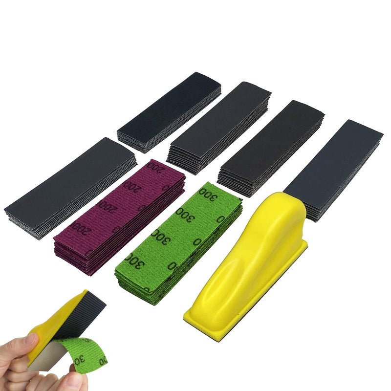 AutKerige Micro Detail Sander Paper Kit 70PCS Wet Dry Sandpaper-Grit 400 600 800 1000 1500 2000 3000,3.5”x 1”Hand Sanding Block with Hook and Loop Sanding Strips for Craft, Wood and Small Space Sanding Works - Image 1