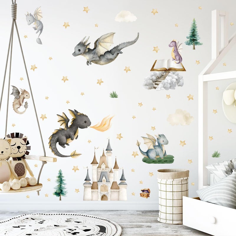 Ladinimo Dragon Wall Stickers,Peel and Stick Colorful Flying Dragon,Castles, White Clouds, Stars.Tree Self-Adhesive Muralï¼ŒRemovable Wall Sticker for Living Room Baby Nursery Kids Room Wall Decor (Multicolored) - Image 1