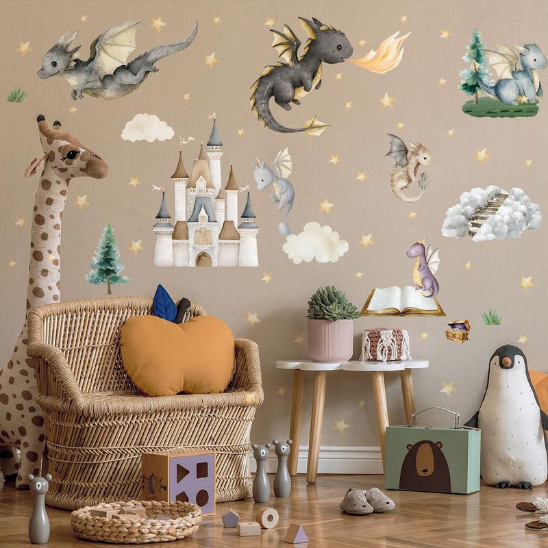 Ladinimo Dragon Wall Stickers,Peel and Stick Colorful Flying Dragon,Castles, White Clouds, Stars.Tree Self-Adhesive Muralï¼ŒRemovable Wall Sticker for Living Room Baby Nursery Kids Room Wall Decor (Multicolored) - Image 4