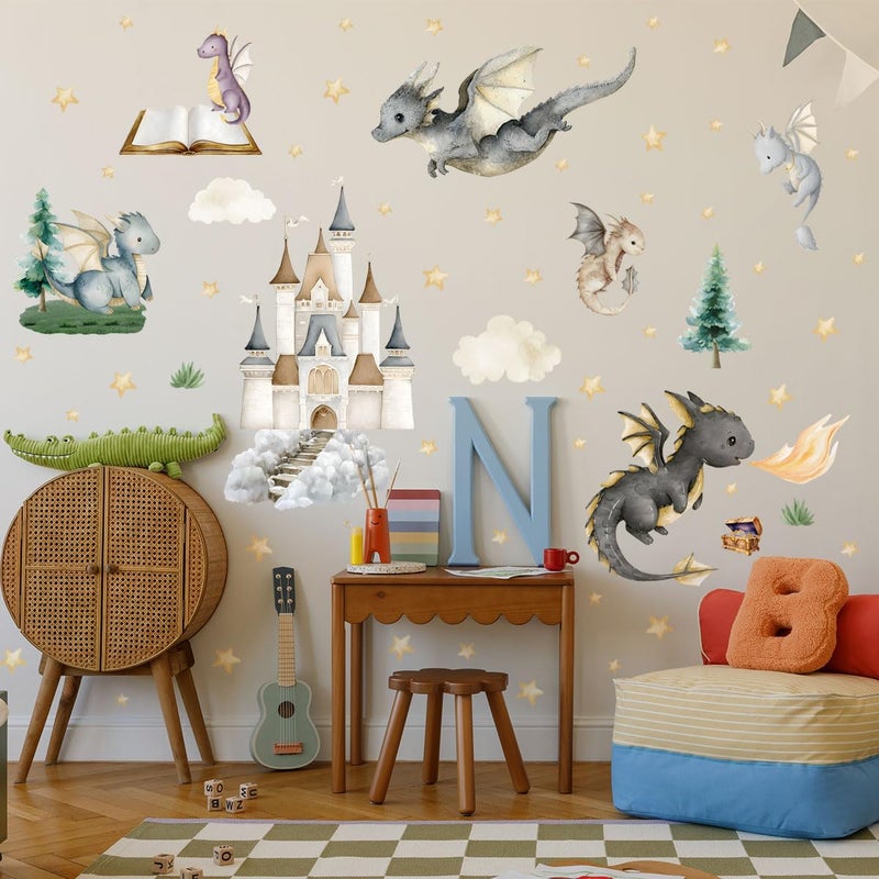 Ladinimo Dragon Wall Stickers,Peel and Stick Colorful Flying Dragon,Castles, White Clouds, Stars.Tree Self-Adhesive Muralï¼ŒRemovable Wall Sticker for Living Room Baby Nursery Kids Room Wall Decor (Multicolored) - Image 2