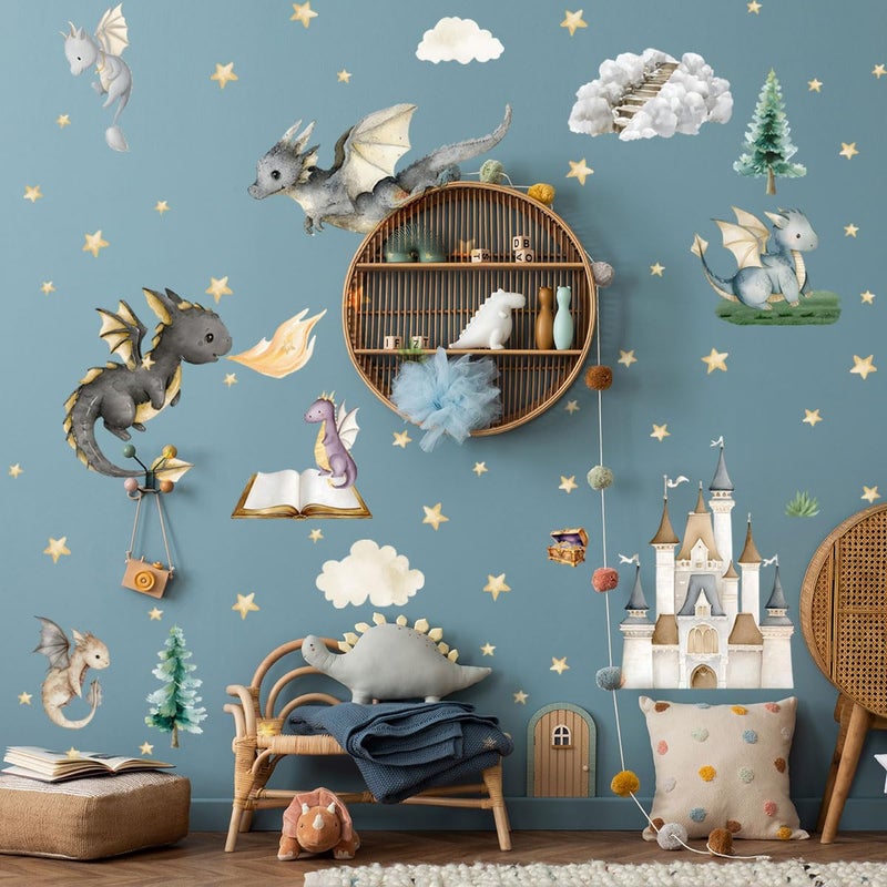 Ladinimo Dragon Wall Stickers,Peel and Stick Colorful Flying Dragon,Castles, White Clouds, Stars.Tree Self-Adhesive Muralï¼ŒRemovable Wall Sticker for Living Room Baby Nursery Kids Room Wall Decor (Multicolored) - Image 5