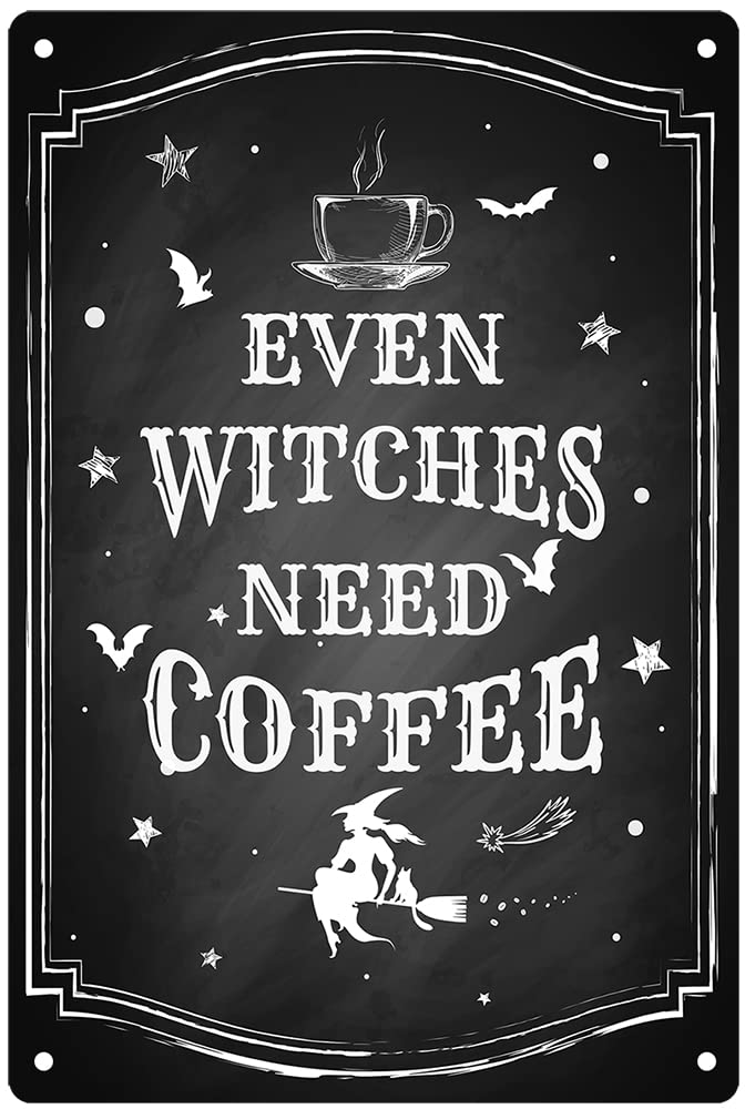 IRISVITA Black Witch Decor  Even Witches Need Coffee  Witch Kitchen Decor  Coffee Bar Decor  Kitchen Witch Coffee Sign  Vintage Halloween Decorations Indoor  Gothic Wall Decor  11.75 X 7.8 Inches - Image 1