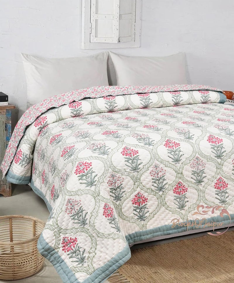 FEELRAX FEELRAX Organic Pure Cotton 350 TC Reversible Hand Block Quilt Jaipuri Razai Multi Flower King Size 108X108 Inches  - Image 1