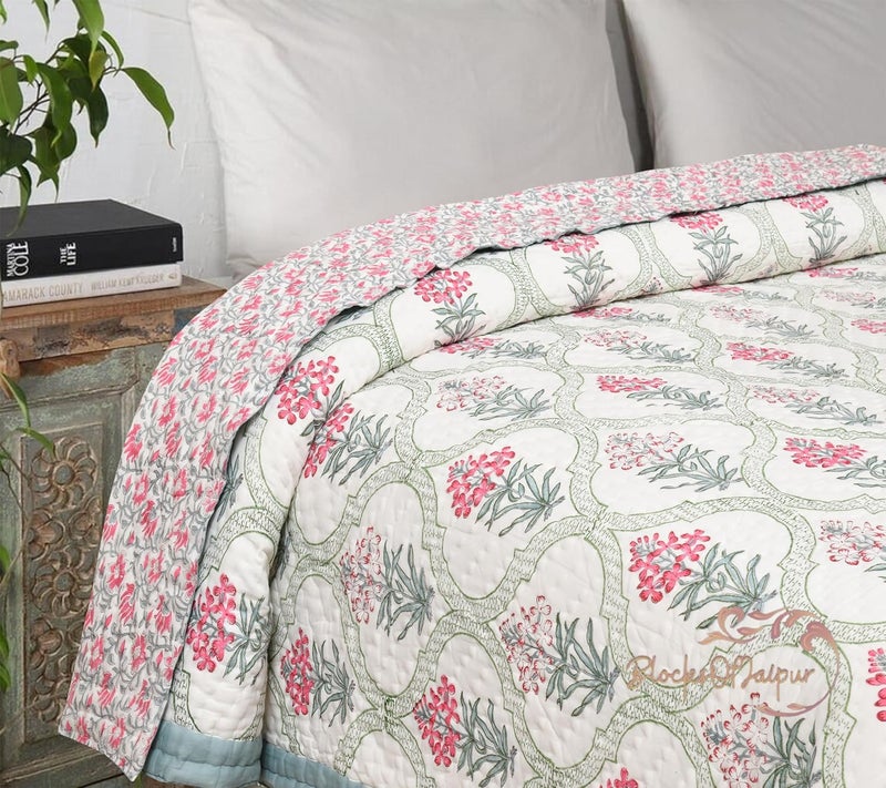 FEELRAX FEELRAX Organic Pure Cotton 350 TC Reversible Hand Block Quilt Jaipuri Razai Multi Flower King Size 108X108 Inches  - Image 4