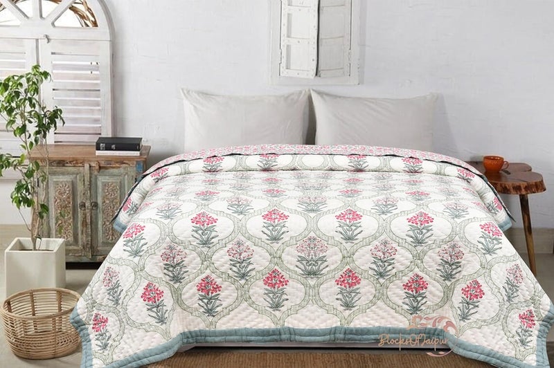 FEELRAX FEELRAX Organic Pure Cotton 350 TC Reversible Hand Block Quilt Jaipuri Razai Multi Flower King Size 108X108 Inches  - Image 2