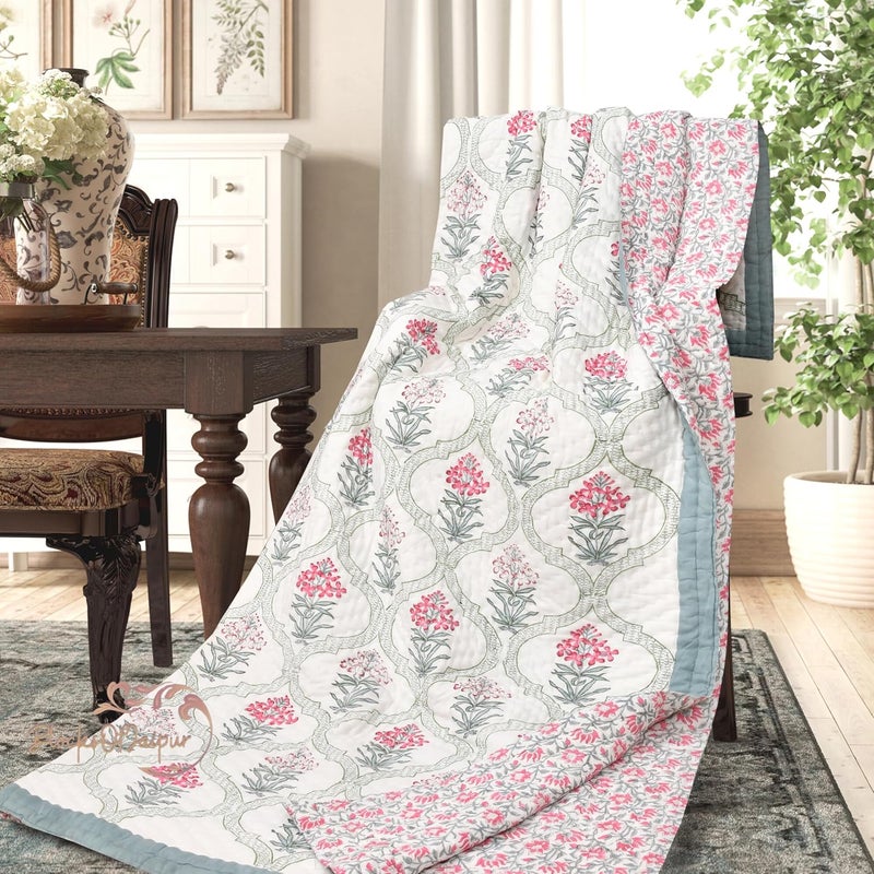 FEELRAX FEELRAX Organic Pure Cotton 350 TC Reversible Hand Block Quilt Jaipuri Razai Multi Flower King Size 108X108 Inches  - Image 3