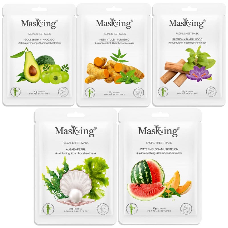 Masking Facial Sheet Mask of Gooseberry Neem Saffron Algae Watermelon Bamboo Sheet Based Ideal for Glowing Skin Women Men Combo Pack of 5 - Image 1