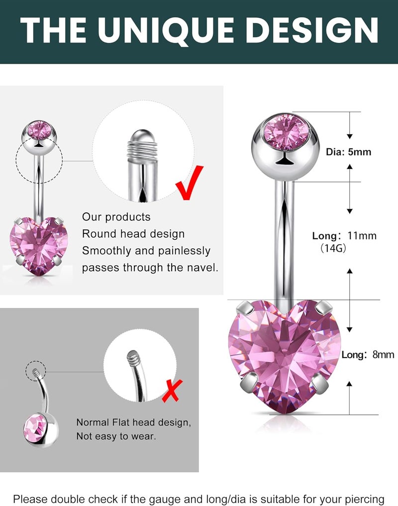 WSSXC 14G Hypoallergenic Surgical Steel Belly Button Ring Cubic Zirconia Belly Button Barbs Body Piercing Set 7Pcs - Image 2