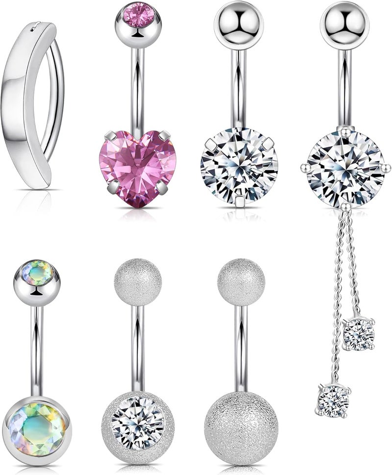 WSSXC 14G Hypoallergenic Surgical Steel Belly Button Ring Cubic Zirconia Belly Button Barbs Body Piercing Set 7Pcs - Image 1