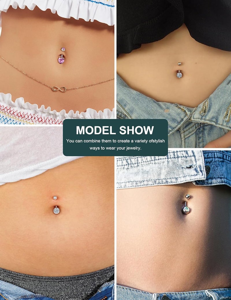 WSSXC 14G Hypoallergenic Surgical Steel Belly Button Ring Cubic Zirconia Belly Button Barbs Body Piercing Set 7Pcs - Image 3