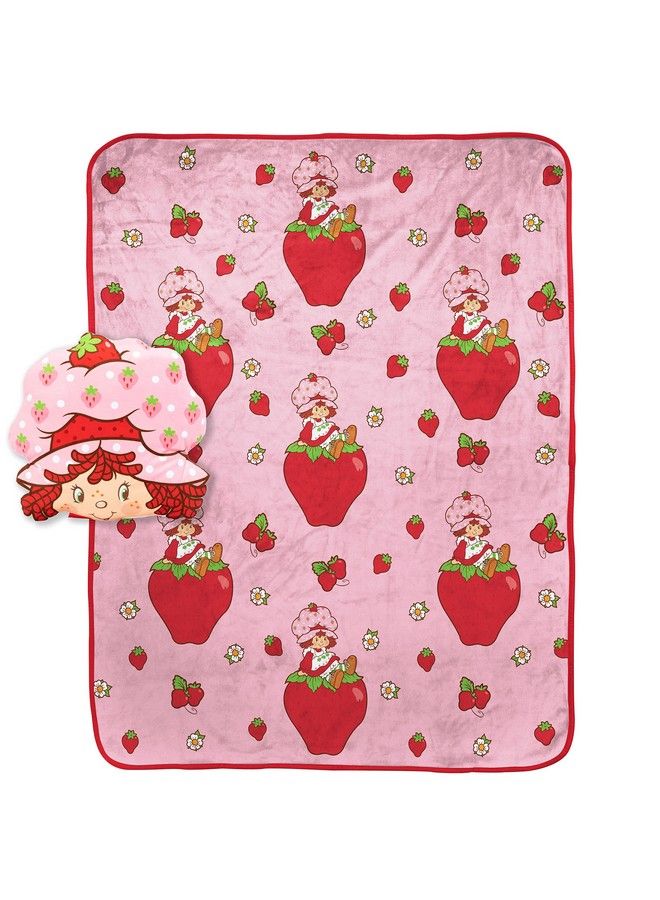 Strawberry Shortcake Pink Strawberries Galore Nogginz Set 40 X 50 Inch Blanket & Pillow Kids Super Soft 2 Piece Set  - Image 2