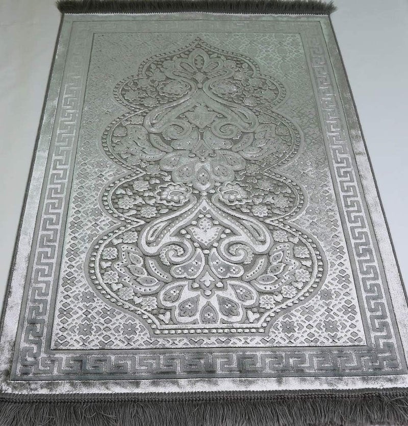Modefa Home & light industrial compatible Modefa Luxury Velvet Prayer Rug with Prayer Beads | Soft Elegant Muslim Turkish Janamaz Sajada Carpet for Men and Women | Plain Solid Prayer Mat Ramadan Eid Gift - Paisley (Silver Grey) Budget friendly trendy design - Image 3