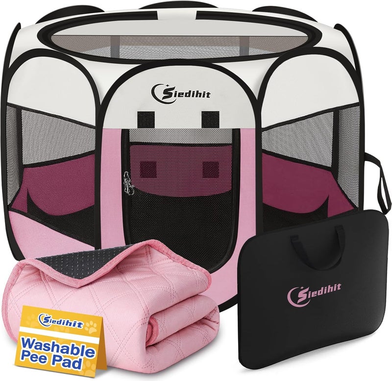 Siedihit Pink Puppy Playpen for Middle Dog Cat, Dogs Tent Crate Cage Indoor/Outdoor, Portable Pop Up Dog Kennel with Carrying Bag for Rabbits, Removable Top (Pink with Pad, Medium (36" x 36" x 23")) - Image 1