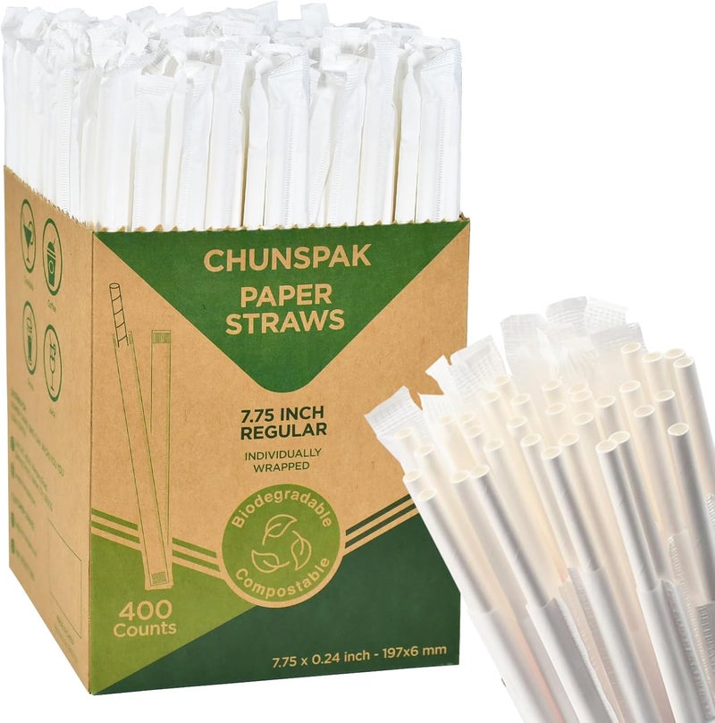chunspak 7.75 بوصة - مصاصات ورقية للشرب يمكن التخلص منها ومغلفة بشكل فردي - بيضاء خالية من الصبغة [400 قطعة] - Image 1