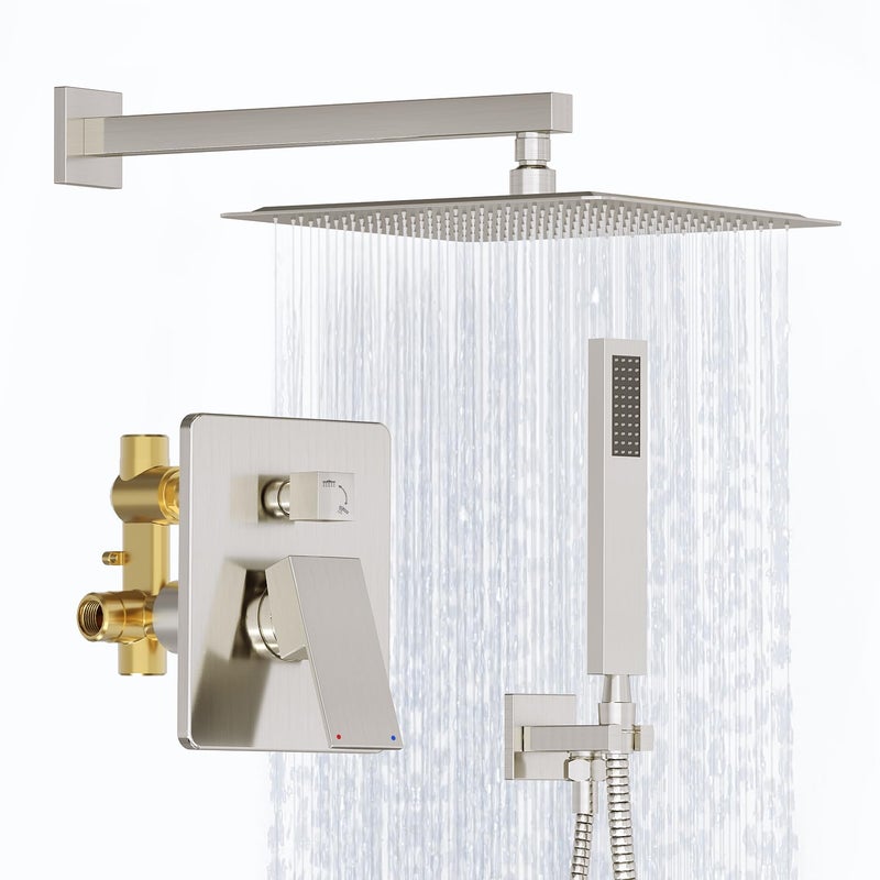 Kurpot Shower System 12 Inch Bathroom Shower Faucet Set Brushed Nickel Shower Head and Handle Set Shower Faucet with Valve and Shower Trim Kit High Pressure Rain Shower Head Set Wall Mounted - Image 2