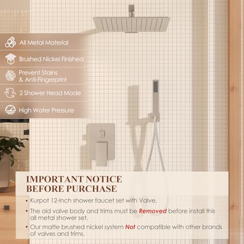 Kurpot Shower System 12 Inch Bathroom Shower Faucet Set Brushed Nickel Shower Head and Handle Set Shower Faucet with Valve and Shower Trim Kit High Pressure Rain Shower Head Set Wall Mounted - Image 3