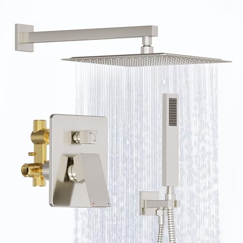 Kurpot Shower System 12 Inch Bathroom Shower Faucet Set Brushed Nickel Shower Head and Handle Set Shower Faucet with Valve and Shower Trim Kit High Pressure Rain Shower Head Set Wall Mounted - Image 1