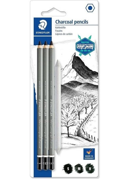 STAEDTLER Mars Lumograph Charcoal Pen Set S-M-H + Paper Stump 