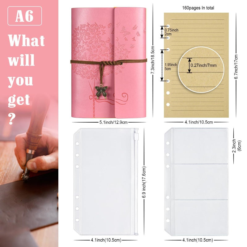 OMEYA Leather Journal Notebook, Vintage Refillable Journal with 2 PVC Pockets, Travel Journal for Writing, Diary Journal for Women, Men, Girls and Boys, 100GSM Lined Paper, 160 Pages (Pink, A6 7.3"x 5.1") - Image 2