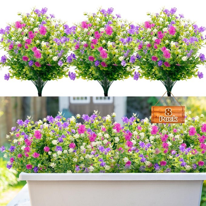 8 BUNDLES ARTIFICIAL FAKE FLOWERS 3 COLORS OUTDOOR FAUX PLASTIC BOUQUET SHRUBS PLANTS FOR INDOORS OUTDOOR HANGING BASKET GARDEN WINDOW BOX WEDDING PARTY DECORATION PURPLE FUCHSIA WHITE