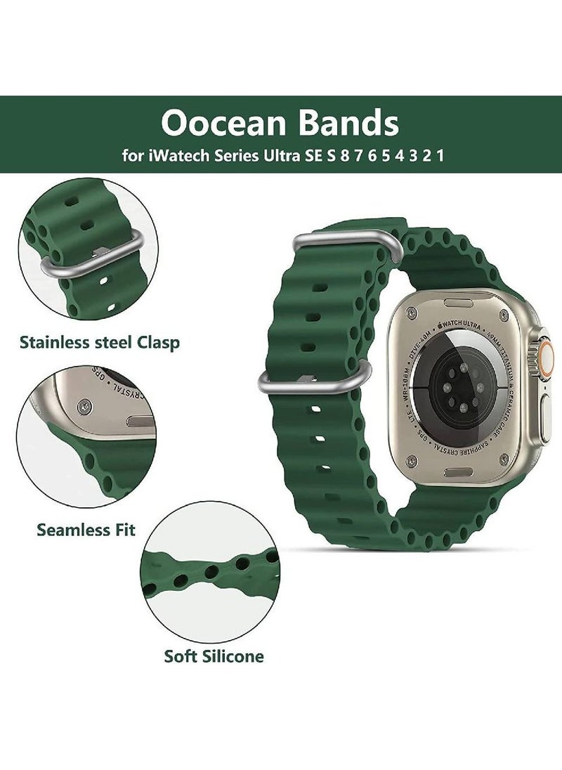 GENNEXT - Apple Watch Band Strap 42mm 44mm 45mm 49mm Ocean Soft Silicone Wristband Sport Replacement Bands with Adjustable Stainless Steel Buckle for iWatch Ultra Series 8 7 SE 6 5 4 3 2 1（Green) - Image 1