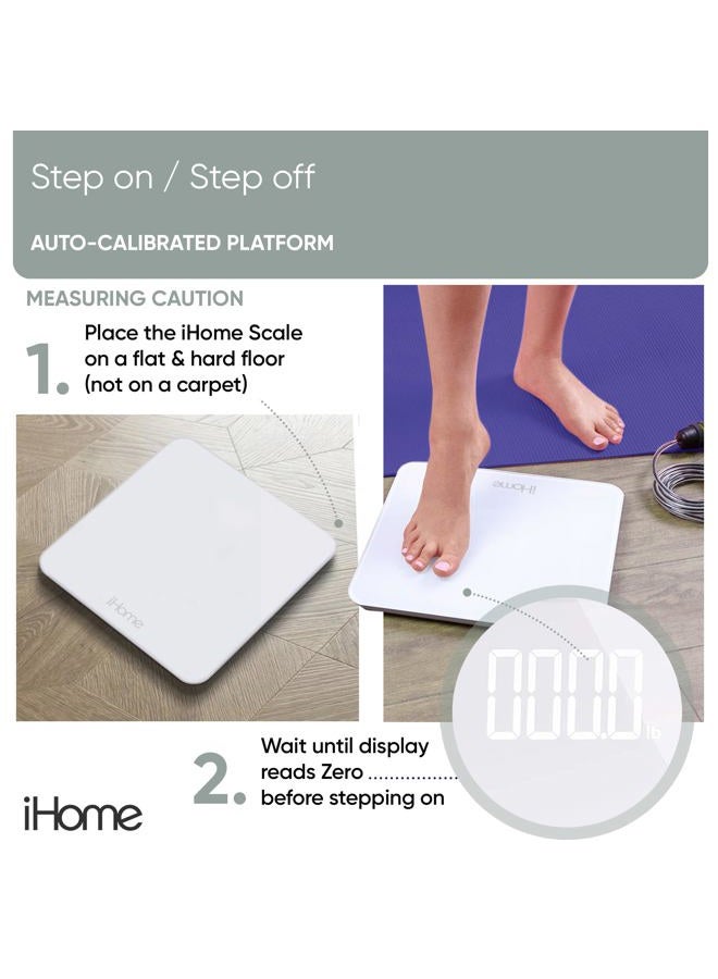 iHome Digital Step On Bathroom Scale - High Precision Body Weight Scale - Battery Powered with LCD Display - Great for Gym - 400 lb (White) - Image 2