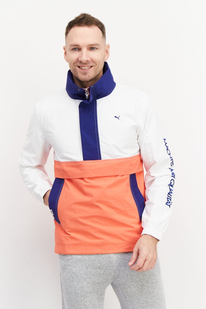 PUMA جاكيت تدريب رجالي بأكمام طويلة وملائمة بنصف سحاب، أبيض/أزرق/زهري - Image 1