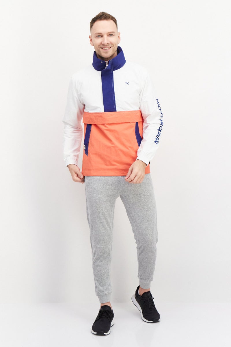 PUMA جاكيت تدريب رجالي بأكمام طويلة وملائمة بنصف سحاب، أبيض/أزرق/زهري - Image 3