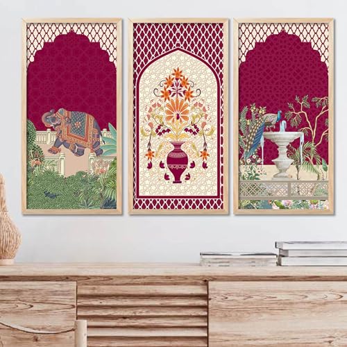walllane Madhubani Indian Art Wall Décor Paintings | Painting for wall Decoration | Madhubani Art Painting with Frame for Living Room set of 3 (10x19 inch, E) - Image 1