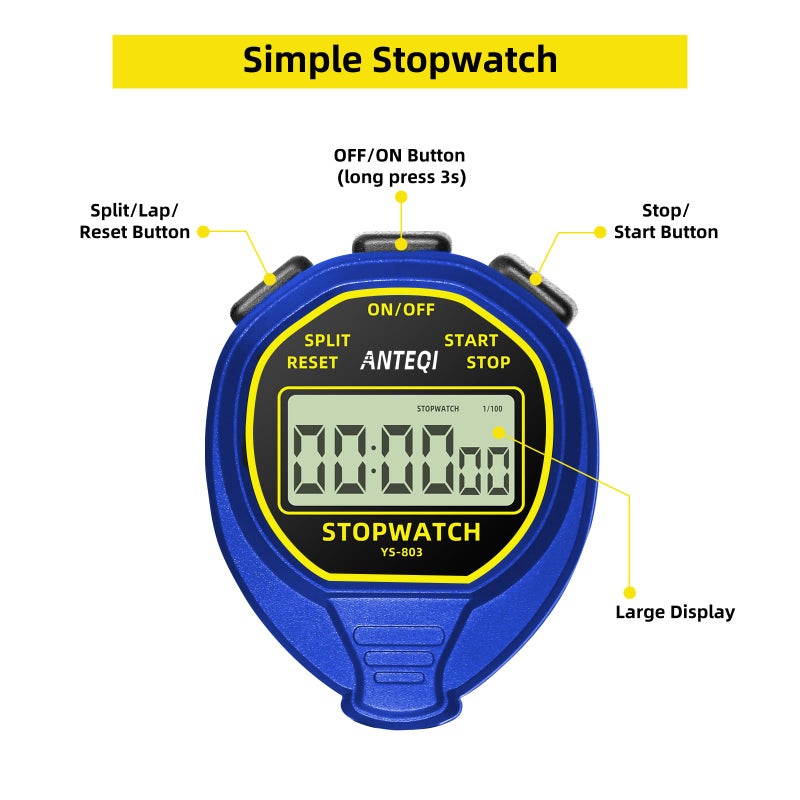 ANTEQI Waterproof Stopwatch Timer, Large Display Simple Silent Stop Watch with ON/Off Function No Clock No Calendar No Alarm Basic Operation for Sports Coaches Swimming Running Training, Blue - Image 2