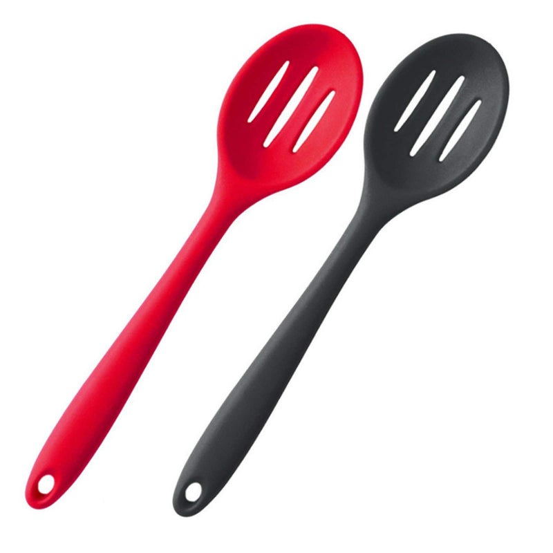 Silicone Nonstick Slotted Spoons Set 2High Heat Resistant Hygienic Design Cooking Baking Spoons Set for Cooking Stirring Mixing and ServingRed and Black with Color Box