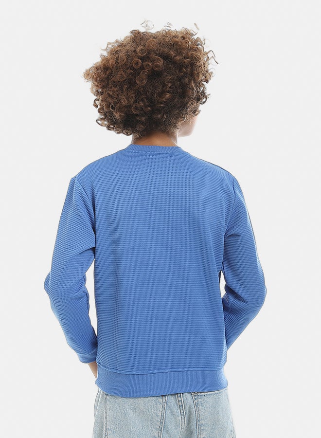 Andora Blue Round Collar Self Patterned Long Sleeves Pullover-Blue - Image 2