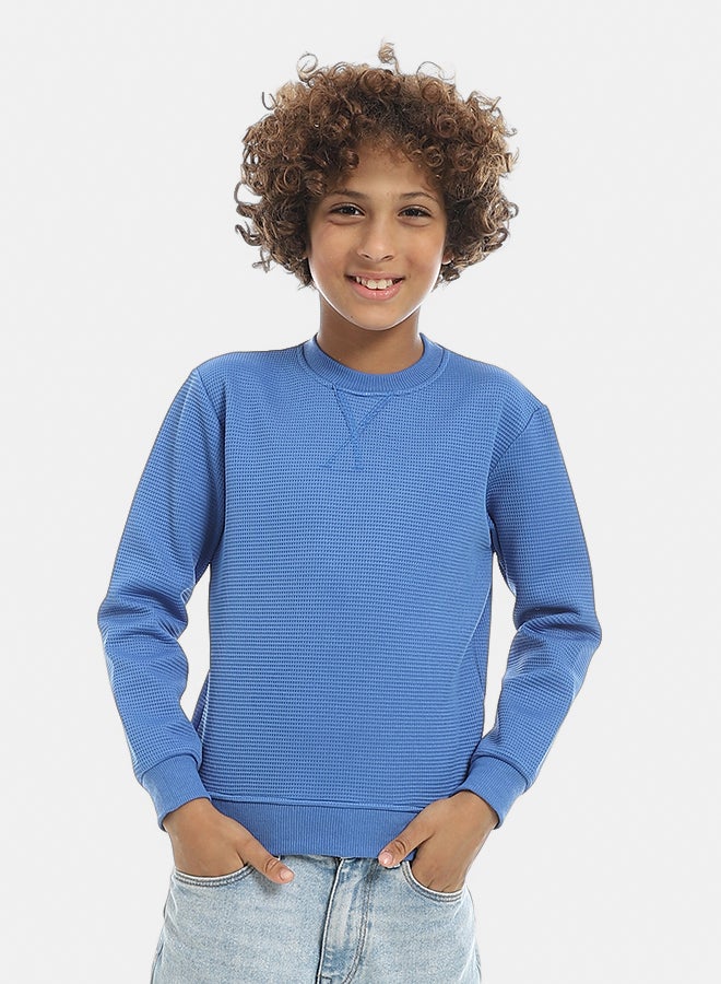 Andora Blue Round Collar Self Patterned Long Sleeves Pullover-Blue - Image 1