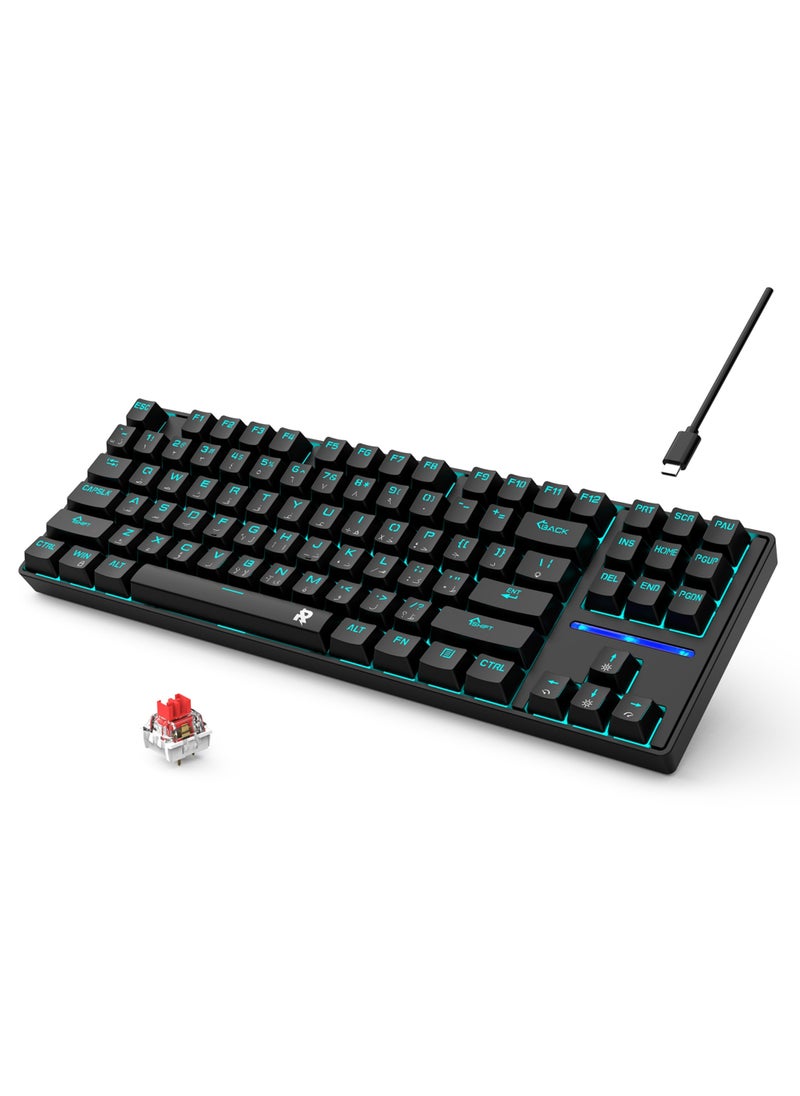 Rock Pow - 75% Gaming Keyboard Arabic English 87 Keys Mechanical Keyboard with RGB Backlit 19 Modes Wired Mini Keyboard PBT Keycaps for PC Gaming and Working (Red Switch) - Image 1