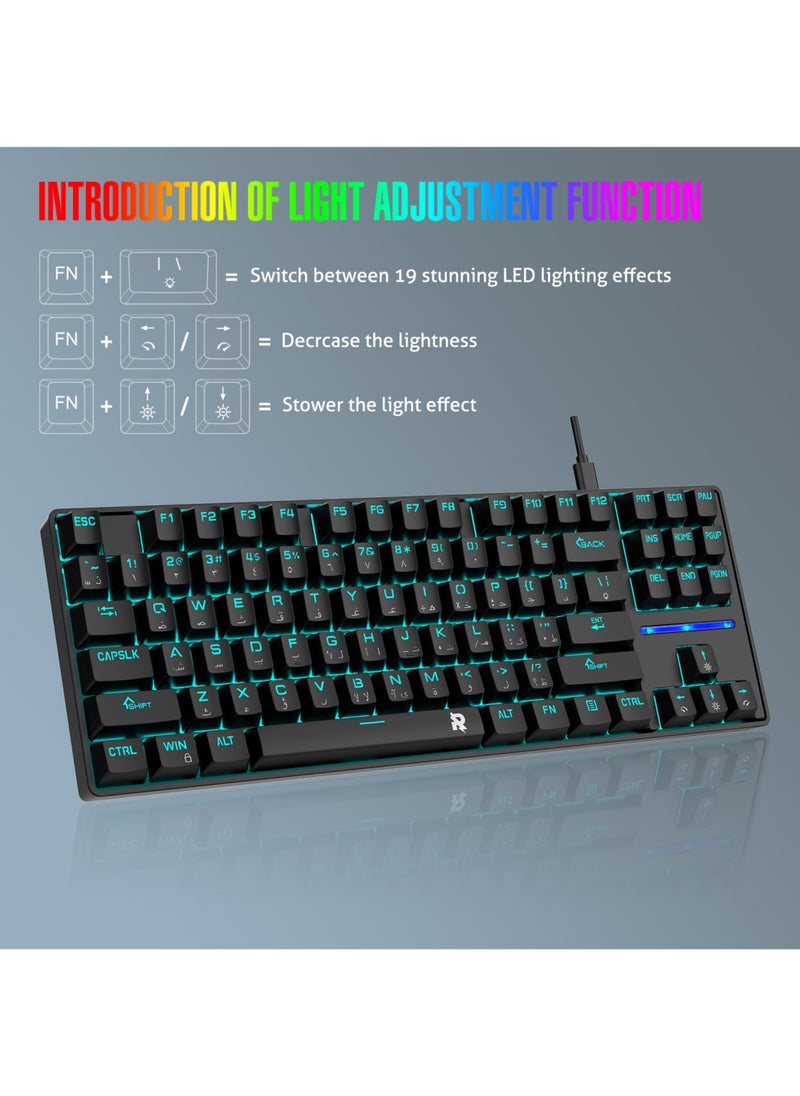 Rock Pow - 75% Gaming Keyboard Arabic English 87 Keys Mechanical Keyboard with RGB Backlit 19 Modes Wired Mini Keyboard PBT Keycaps for PC Gaming and Working (Red Switch) - Image 1