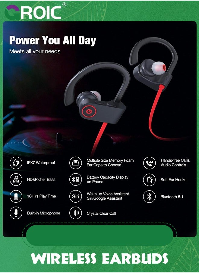 GROIC - Bluetooth Headphones Wireless Earbuds, Bluetooth 5.3 Running Headphones, IPX7 Waterproof Earphones with 16 Hrs Playtime Stereo Sound Isolation Headsets for Workout Gym - Image 1