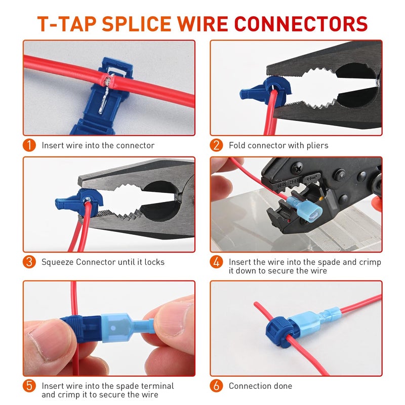 Nilight 120PCS/60 Pairs Quick Splice Disconnect Wire Terminals T-Tap Spade Connectors Blue 16-14 AWG Male Female Fully Insulated Crimp Self-Stripping Kit - Image 2