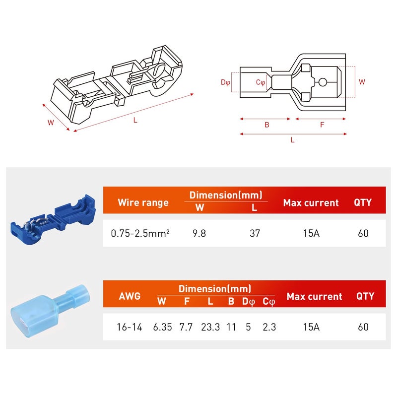 Nilight 120PCS/60 Pairs Quick Splice Disconnect Wire Terminals T-Tap Spade Connectors Blue 16-14 AWG Male Female Fully Insulated Crimp Self-Stripping Kit - Image 3