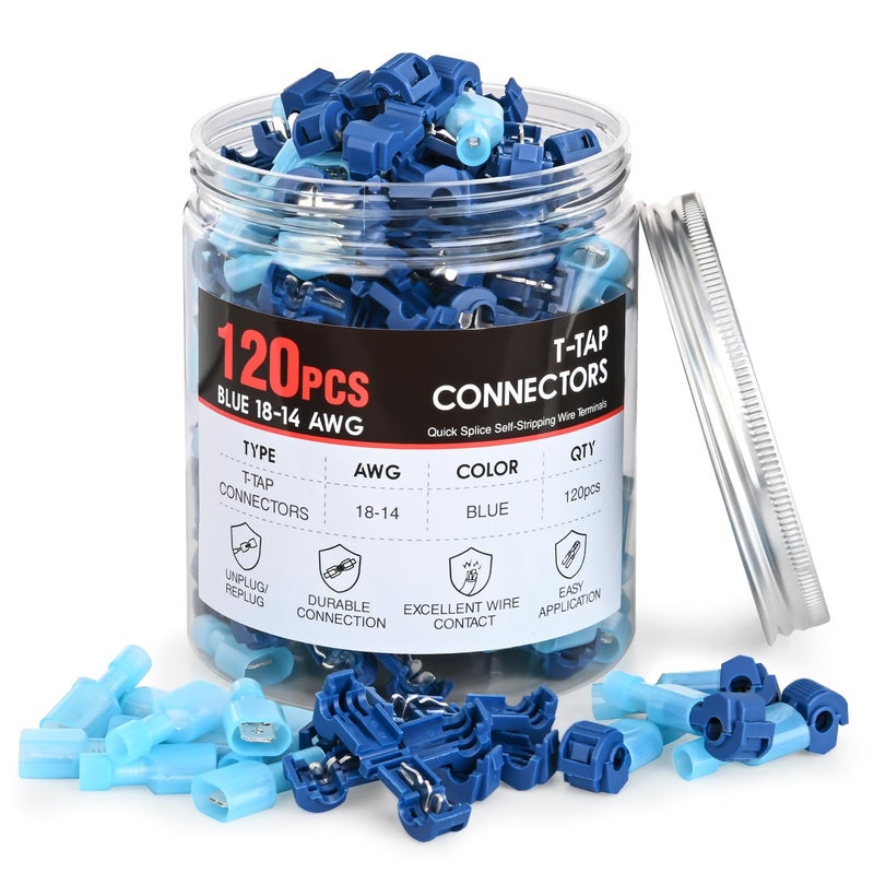 Nilight 120PCS/60 Pairs Quick Splice Disconnect Wire Terminals T-Tap Spade Connectors Blue 16-14 AWG Male Female Fully Insulated Crimp Self-Stripping Kit - Image 1