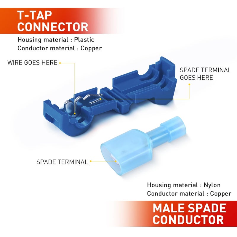 Nilight 120PCS/60 Pairs Quick Splice Disconnect Wire Terminals T-Tap Spade Connectors Blue 16-14 AWG Male Female Fully Insulated Crimp Self-Stripping Kit - Image 5